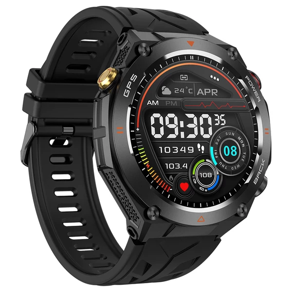 SENBONO KC82 okosóra egészségfigyelés, Bluetooth hívás, 100+ sportmód, AI asszisztens, beépített GPS, vízálló - Fekete számlappal