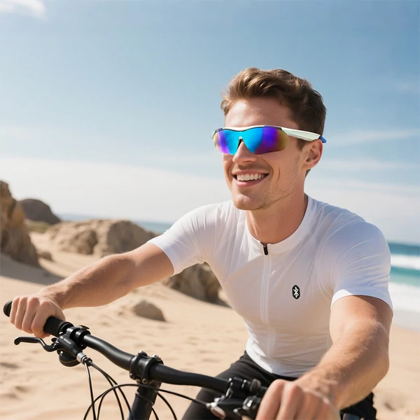 SENBONO QYpro 3 Intelligens Bluetooth kerékpáros napszemüveg, 6 órás üzemidő, AI hangasszisztens, egygombos vezérlés - Fehér-kék