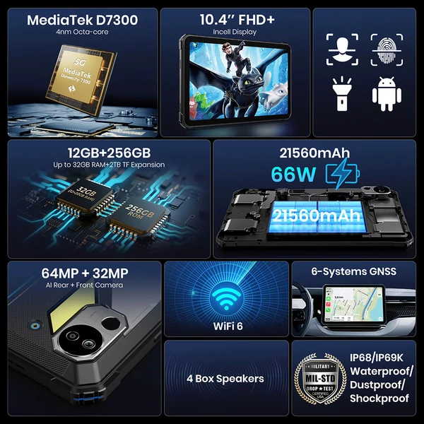 FOSSiBOT DT3 5G ütésálló tablet 10,4" 2K, Android 15, 12/256GB, 21560mAh 66W, 64+32MP kamera, NFC, ujjlenyomat+Face ID - Szürke