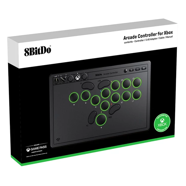8BitDo Arcade kontroller Xboxhoz, kompatibilis Series X|S, One és Windows, RGB fénygyűrű, 4ms vezetékes késés