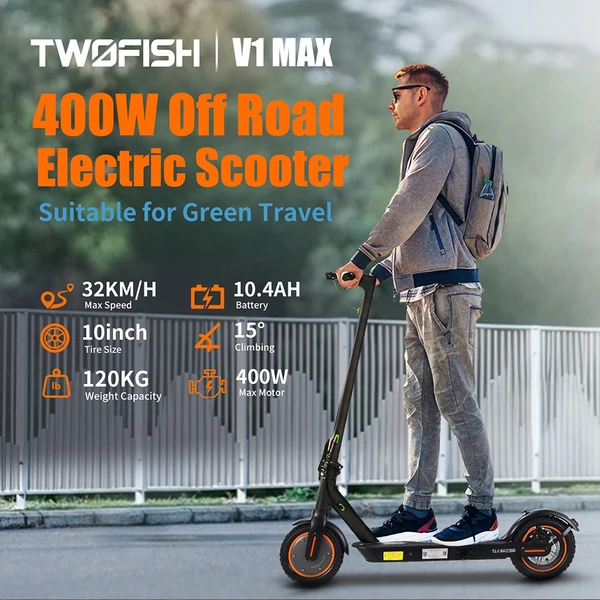 TWOFISH V1 MAX elektromos roller - 400W motor, 10.4Ah akkumulátor, 10" kerekek, hátsó tárcsafék, LCD kijelző