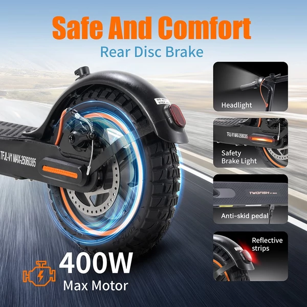 TWOFISH V1 MAX elektromos roller - 400W motor, 10.4Ah akkumulátor, 10" kerekek, hátsó tárcsafék, LCD kijelző