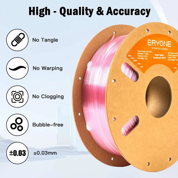 ERYONE nagysebességű áttetsző PETG filament, 3D nyomtatáshoz - 1 kg Pink