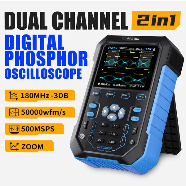 FNIRSI DPOX180H digitális foszfor oszcilloszkóp + DDS jelgenerátor, 2 csatornás, 180MHz, EU csatlakozó - Kék