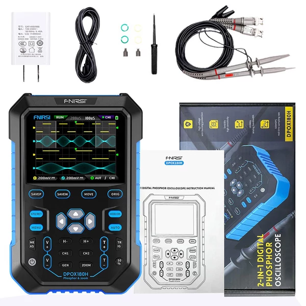 FNIRSI DPOX180H digitális foszfor oszcilloszkóp + DDS jelgenerátor, 2 csatornás, 180MHz, EU csatlakozó - Kék