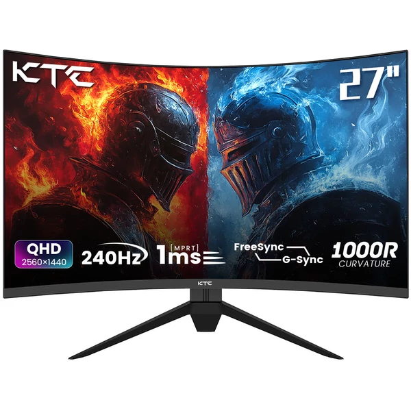 KTC H27S25E 27" gaming monitor, 240Hz QHD 1000R görbület, 1ms válaszidő, Adaptive Sync, HDMI, DP, alacsony kékfény, VESA