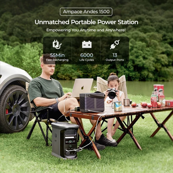 Ampace Andes 1500 hordozható erőmű 1462Wh LiFePO4, 2400W (3600W csúcs), napelem, 55 perc töltés, APP vezérlés, kempinghez, otthonra