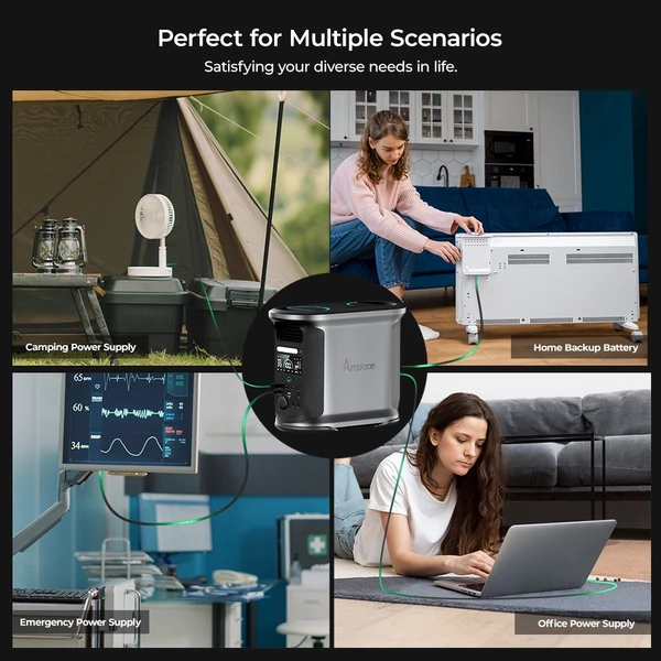 Ampace Andes 1500 hordozható erőmű 1462Wh LiFePO4, 2400W (3600W csúcs), napelem, 55 perc töltés, APP vezérlés, kempinghez, otthonra