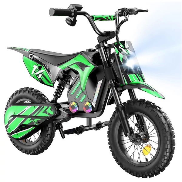 A14 elektromos gyerek motor, 500W, 36V 5.2Ah akkumulátor, 14'' kerék, 27km/h, 22km hatótáv, tárcsafék, dupla rugózás, LCD kijelző - Zöld