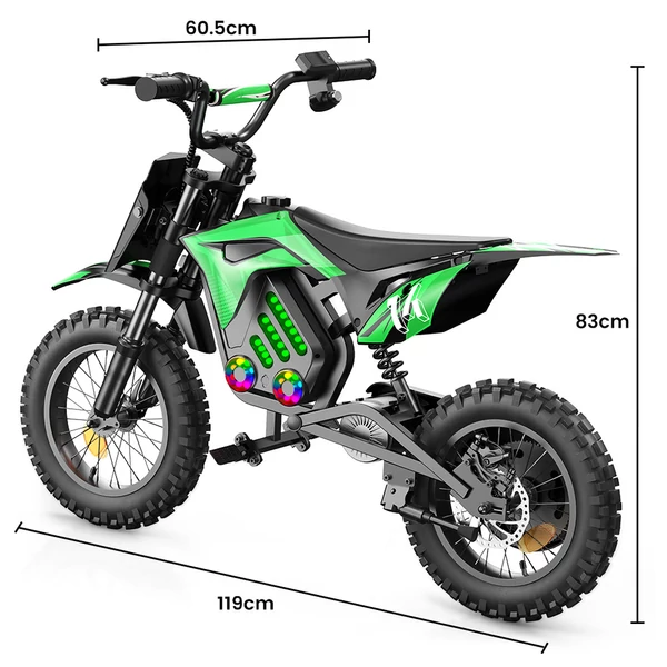 A14 elektromos gyerek motor, 500W, 36V 5.2Ah akkumulátor, 14'' kerék, 27km/h, 22km hatótáv, tárcsafék, dupla rugózás, LCD kijelző - Zöld