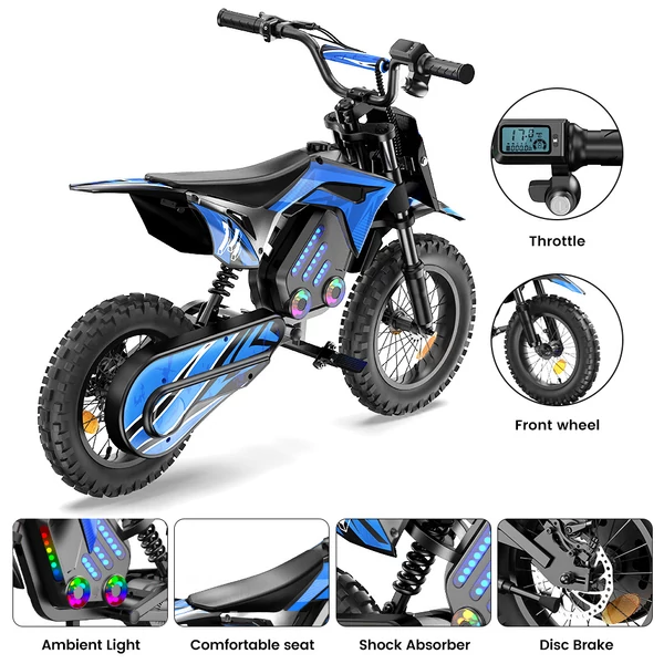 A14 elektromos gyerek motor, 500W, 36V 5.2Ah akkumulátor, 14'' kerék, 27km/h, 22km hatótáv, tárcsafék, dupla rugózás, LCD kijelző - Kék