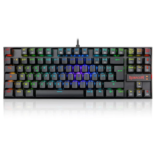 Redragon K552P-KR-FR RGB háttérvilágítású TKL mechanikus billentyűzet, 88 gombos kompakt AZERTY FR, piros switch - Fekete