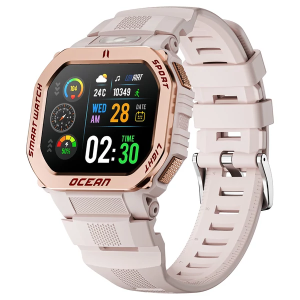 LOKMAT OCEAN GT okosóra, 1.75" kijelző, zseblámpa, iránytű, hangasszisztens, Bluetooth hívás, 3ATM vízálló, egészségmérés, 100+ sportmód – Arany