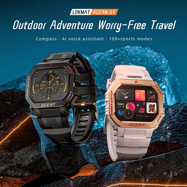 LOKMAT OCEAN GT okosóra, 1.75" kijelző, zseblámpa, iránytű, hangasszisztens, Bluetooth hívás, 3ATM vízálló, egészségmérés, 100+ sportmód – Fekete