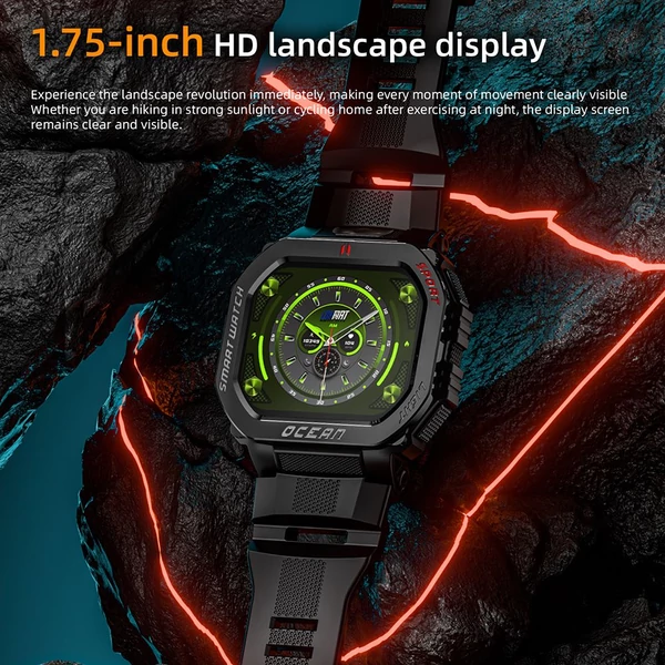 LOKMAT OCEAN GT okosóra, 1.75" kijelző, zseblámpa, iránytű, hangasszisztens, Bluetooth hívás, 3ATM vízálló, egészségmérés, 100+ sportmód – Fekete