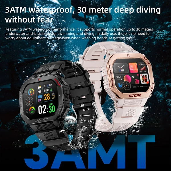 LOKMAT OCEAN GT okosóra, 1.75" kijelző, zseblámpa, iránytű, hangasszisztens, Bluetooth hívás, 3ATM vízálló, egészségmérés, 100+ sportmód – Fekete