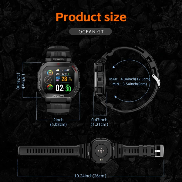 LOKMAT OCEAN GT okosóra, 1.75" kijelző, zseblámpa, iránytű, hangasszisztens, Bluetooth hívás, 3ATM vízálló, egészségmérés, 100+ sportmód – Fekete