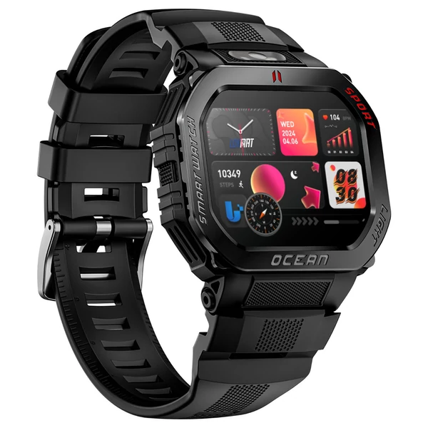 LOKMAT OCEAN GT okosóra, 1.75" kijelző, zseblámpa, iránytű, hangasszisztens, Bluetooth hívás, 3ATM vízálló, egészségmérés, 100+ sportmód – Fekete