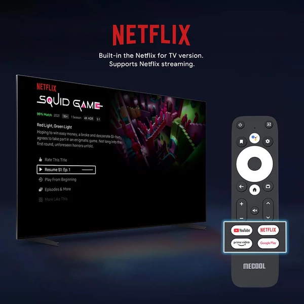 MECOOL KM2 Plus Android TV Box Netflix támogatással, 4K HDR, Dolby Atmos, WiFi, BT5.0, Google Assistant, multimédiás lejátszó