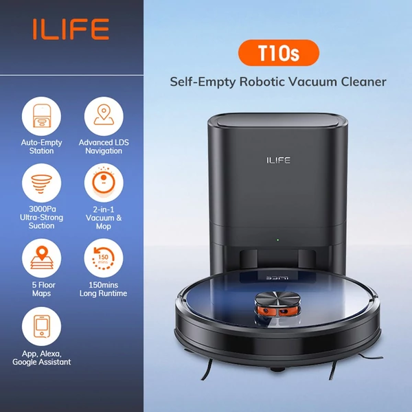 ILIFE T10s robotporszívó és felmosó, önürítő dokkolóval, 3000Pa szívóerővel, LDS navigációval, 150 perc üzemidővel