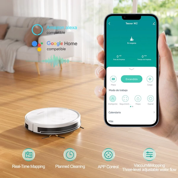 Tesvor M2 robotporszívó felmosó funkcióval, 6000Pa szívóerő, giroszkópos navigáció, 600ml portartály, 150 perc üzemidő, 120m² takarítás, applikációs vezérlés