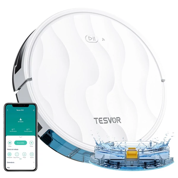 Tesvor M2 robotporszívó felmosó funkcióval, 6000Pa szívóerő, giroszkópos navigáció, 600ml portartály, 150 perc üzemidő, 120m² takarítás, applikációs vezérlés