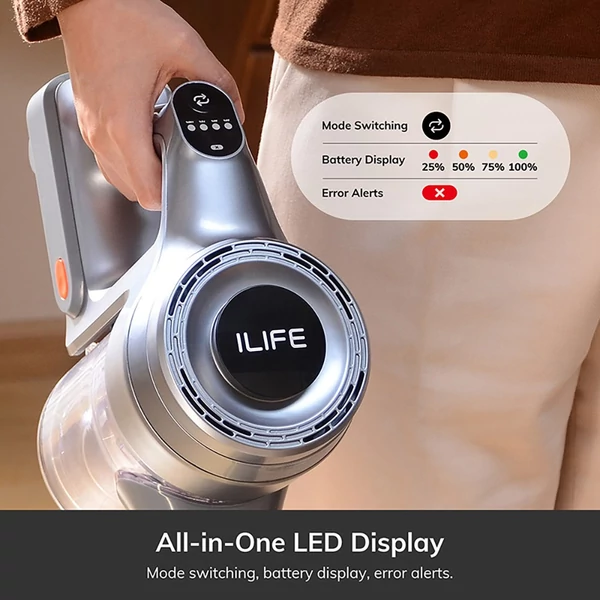 ILIFE H80 vezeték nélküli porszívó, 20KPa szívóerő, 35 perc üzemidő, LED világítás, 5 szűrőfokozat, 0,55L portartály, teleszkópos cső, szürke