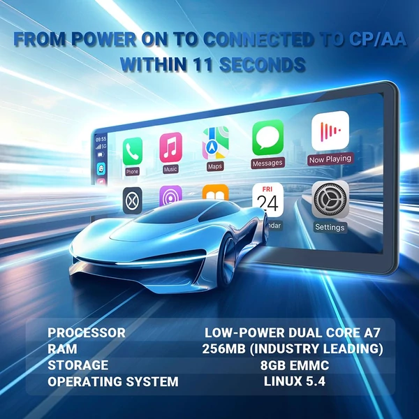 MINIX CP89-HD hordozható vezeték nélküli CarPlay/Android Auto kijelző, 8.9" IPS érintőképernyő, Dupla Bluetooth, AUX, FM Transmitter