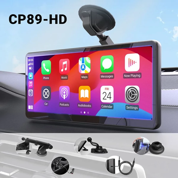 MINIX CP89-HD hordozható vezeték nélküli CarPlay/Android Auto kijelző, 8.9" IPS érintőképernyő, Dupla Bluetooth, AUX, FM Transmitter