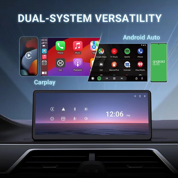 MINIX CP89-HD hordozható vezeték nélküli CarPlay/Android Auto kijelző, 8.9" IPS érintőképernyő, Dupla Bluetooth, AUX, FM Transmitter