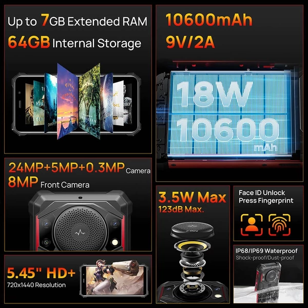 FOSSiBOT F101 strapabíró okostelefon, 4GB+64GB, AI tripla kamera, 123dB hangszóró, 10600mAh nagy akku, ujjlenyomat/arc feloldás, 5,45" HD+ Android 12