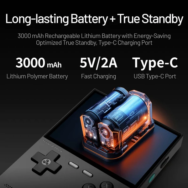 TRIMUI Brick kézi játékkonzol, 64GB kártya, 3.2" IPS kijelző, 8GB tárhely, 5h akkuidő, Type-C gyorstöltés - fekete