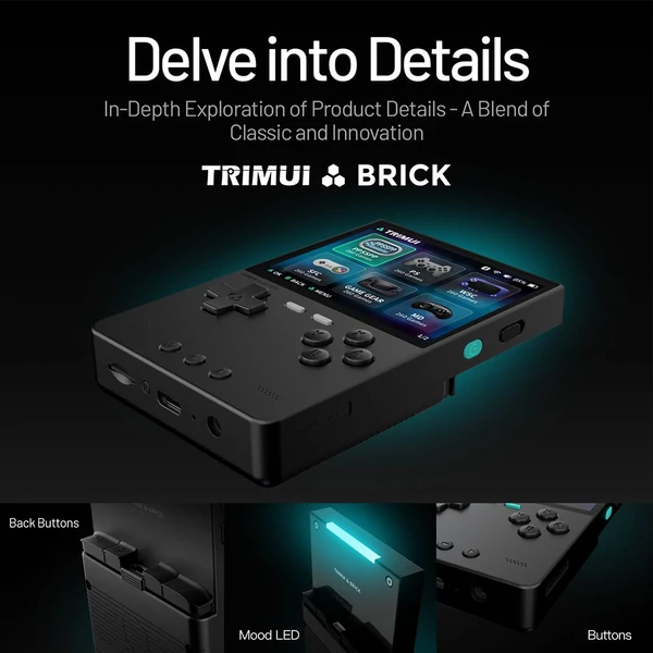 TRIMUI Brick kézi játékkonzol, 64GB kártya, 3.2" IPS kijelző, 8GB tárhely, 5h akkuidő, Type-C gyorstöltés - fekete