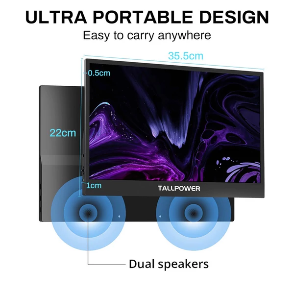 TALLPOWER JH01 15.6" hordozható monitor, Full HD 1080p kijelző, 60Hz, 100% sRGB, Type-C és HDMI csatlakozó