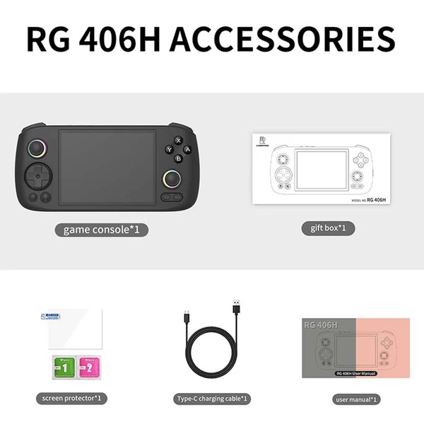 ANBERNIC RG406H játékkonzol – Android 13, 4" IPS kijelző, 8 magos Unisoc T820, 8GB RAM, 128GB tárhely - fekete