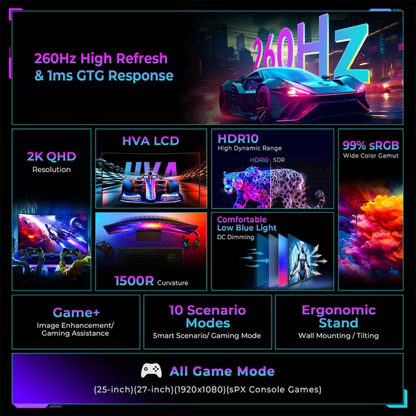 TITAN ARMY C32C1S 31,5" ívelt gamer monitor, 2K QHD, 260Hz, 1ms, HDR10, Adaptive Sync, alacsony kékfény