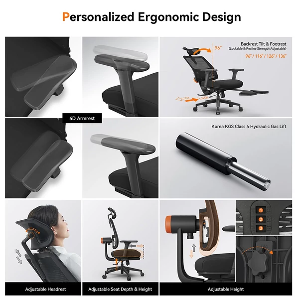 NEWTRAL MagicH-BP ergonomikus szék lábtartóval, automatikus háttámlával, deréktámasszal, állítható kartámasszal és fejtámasszal - fekete