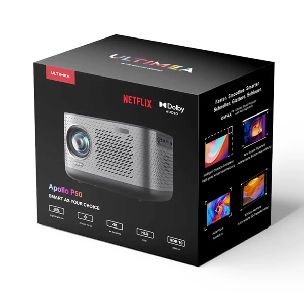 Ultimea Apollo P50 projektor, 800 ANSI fényerő, natív Full HD 1080P, Dolby Audio, automata fókusz és képkorrekció, WiFi 6, Bluetooth 5.3