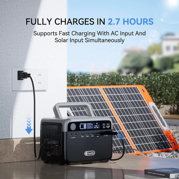 Flashfish BP030B 300W hordozható erőmű, 230,4Wh LiFePO4 akkumulátorral, 600W csúcs, AC kimenet, napelemes töltés kempinghez és vészhelyzethez