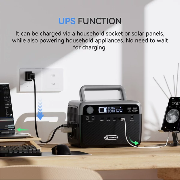 Flashfish BP030B 300W hordozható erőmű, 230,4Wh LiFePO4 akkumulátorral, 600W csúcs, AC kimenet, napelemes töltés kempinghez és vészhelyzethez