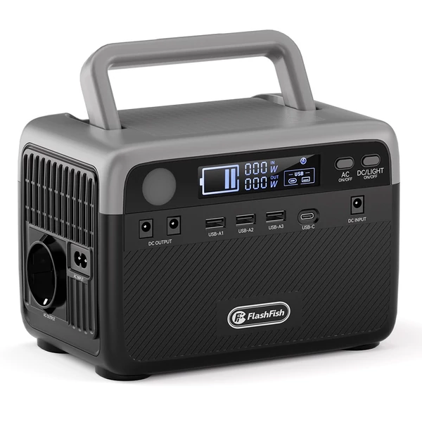 Flashfish BP030B 300W hordozható erőmű, 230,4Wh LiFePO4 akkumulátorral, 600W csúcs, AC kimenet, napelemes töltés kempinghez és vészhelyzethez