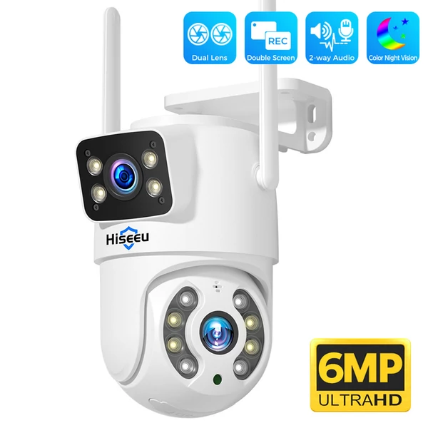 Hiseeu 4K 6MP kültéri WiFi kamera, dupla lencse, színes éjjellátó, AI emberfelismerés, IP66, kétirányú hang, auto követés