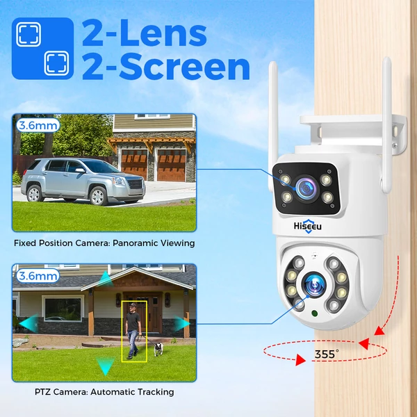 Hiseeu 4K 6MP kültéri WiFi kamera, dupla lencse, színes éjjellátó, AI emberfelismerés, IP66, kétirányú hang, auto követés