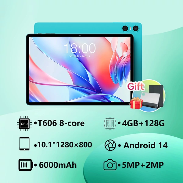 Teclast P30 10.1" tablet, Android 14, 12GB RAM, 128GB tárhely, HD IPS kijelző, WiFi 6, sztereó hangszóró, kamera, Type-C, Bluetooth