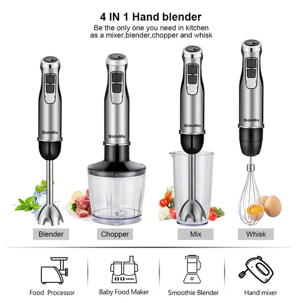 BioloMix BHB1200 4 az 1-ben 1200W kézi turmix és mixer rozsdamentes acéllal, BPA-mentes kialakítás