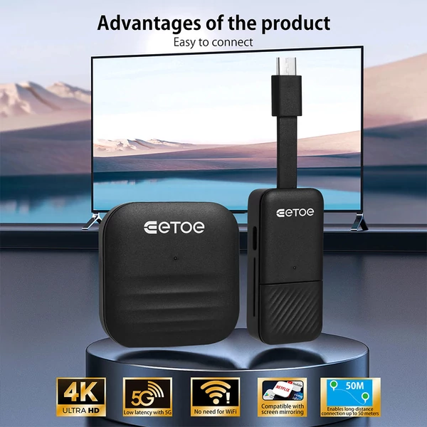 ETOE vezeték nélküli HDMI adó-vevő készlet – AirPlay & Miracast, Plug&Play, 1080p→4K felskálázás, alacsony késleltetés, 50 m hatótáv