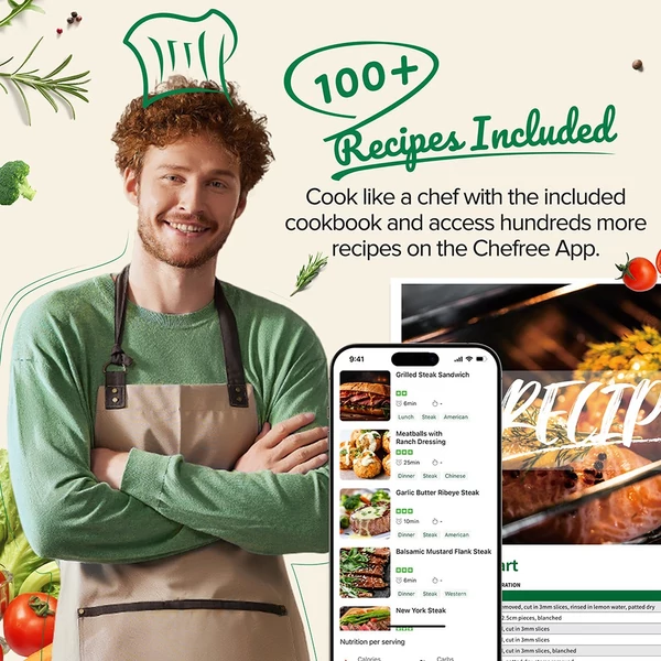 CHEFREE AF500 1700W 6,5L Forrólevegős sütő okos hőmérővel, 8 az 1-ben programmal, gyors 230℃ felfűtéssel, rázási emlékeztetővel