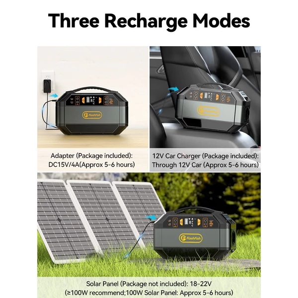 Flashfish P56 hordozható erőmű, 288Wh/78000mAh akkumulátor, 330W szinuszos inverter, 600W csúcsteljesítmény, napelemes töltés, LED kijelző
