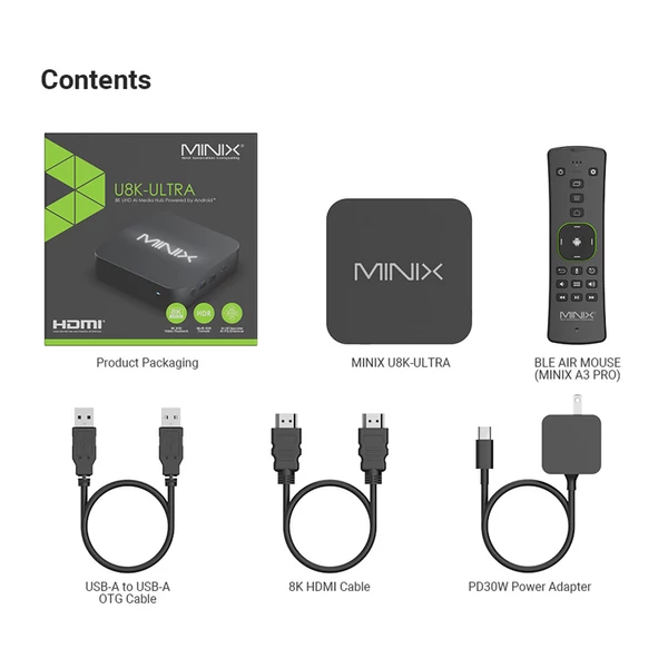 MINIX U8K-Ultra 8K Android médialejátszó 8GB RAM, 128GB tároló, Android 11, WiFi 6, Bluetooth 5.2, AI képjavító, Dolby Vision