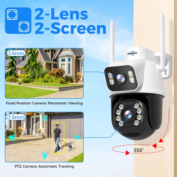 Hiseeu WS318B 4K 6MP kültéri WiFi kamera, dupla lencse, színes éjjellátó, AI emberfelismerés, IP66 időjárásálló